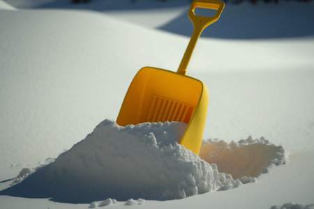 Snowshovel in snowdrift. Snow removal concept. selective focusの素材