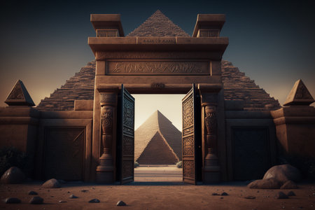 Egyptian temple gate in the desert. 3d render illustration.の素材