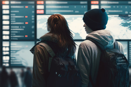 Back view of young couple looking at flight information on screen at airportの素材