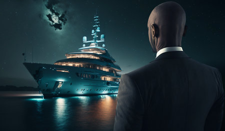 Rear view of businessman looking at big ship at night. mixed mediaの素材