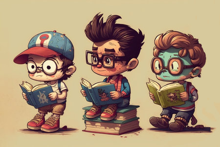 cartoon character Childrens reading booksの素材