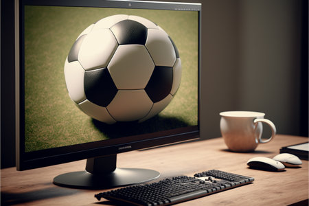 computer monitor and soccer ball on desk, close upの素材
