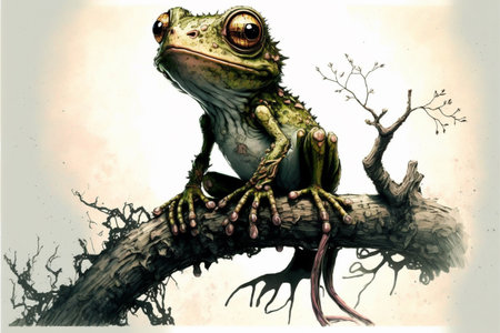 cartoon character cute Frog on a branch, front viewの素材