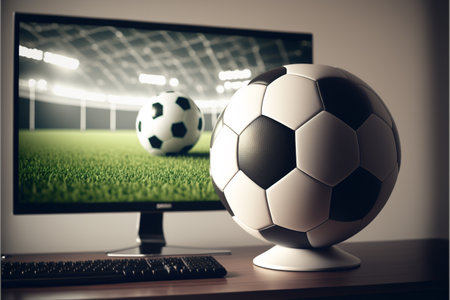 computer monitor and soccer ball on desk, close upの素材