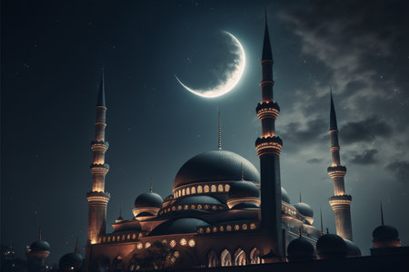 crescent shaped moon and mosque in front of night cloud and starry sky. ramadan, the holy month of muslims. front viewの素材
