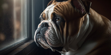 bulldog looking out windowの素材