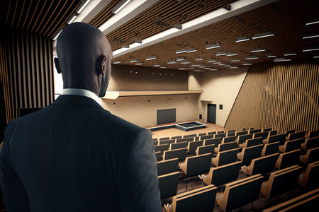Rear view of a businessman looking at the empty conference hall.の素材
