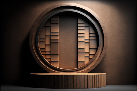 Wooden pedestal on the brown background. 3D rendering.の素材