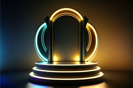 3d render, abstract background, round podium, neon light, circle stageの素材