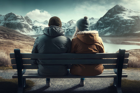 hugged couple are sitting on a bench looking at the landscapeの素材