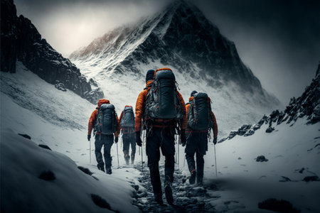 Group of hikers with backpacks walking in the snow mountains. hiking conceptの素材