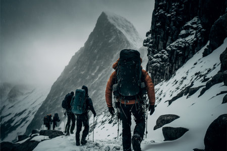 Hikers with backpacks walking on snowy mountain trail in winter.の素材