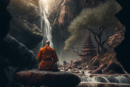 monk meditates nature waterfall background. back viewの素材