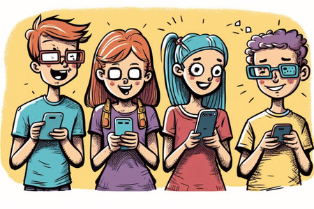 happy students interacting with their smartphones, cartoon, Clipartの素材