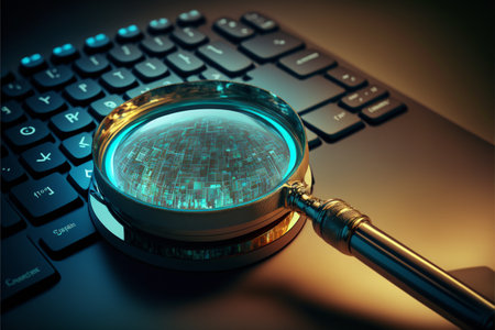 Magnifying glass and computer keyboard on dark background. 3d illustrationの素材