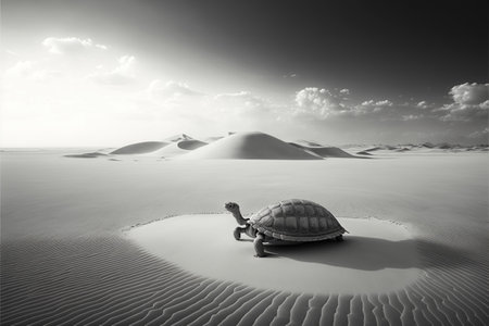 minimal landscape of sky and symmetrical sand dunes with a lone lost old big turtle in the background, small water in the foreground. front viewの素材