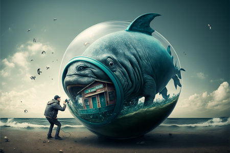 Surreal image of businessman and big whale. mixed media. mixed mediaの素材