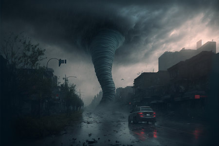 Conceptual image of a tornado coming out of a stormy streetの素材