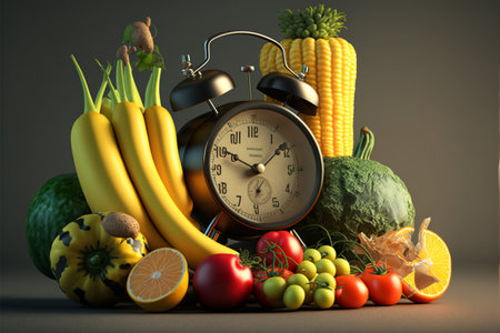 Fruits and vegetables with alarm clock on dark background. 3d illustrationの素材