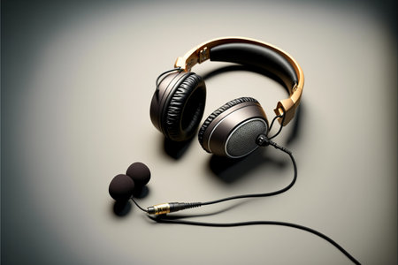 podcasting concept, directly above view of headphones and recording microphone, close upの素材