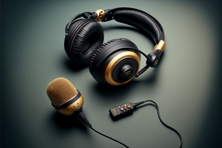 podcasting concept, directly above view of headphones and recording microphone, close upの素材