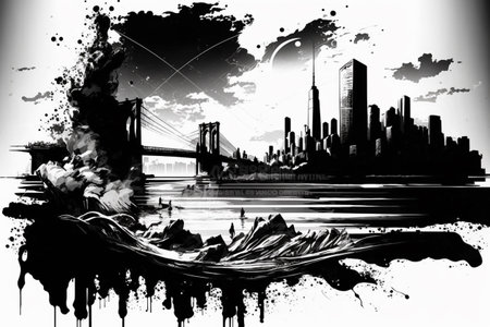 abstract urban landscape in black and white, art illustration painting backgroundの素材