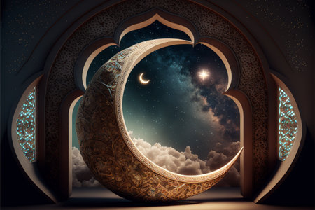Ramadan Kareem background with crescent moon and mosque door.の素材
