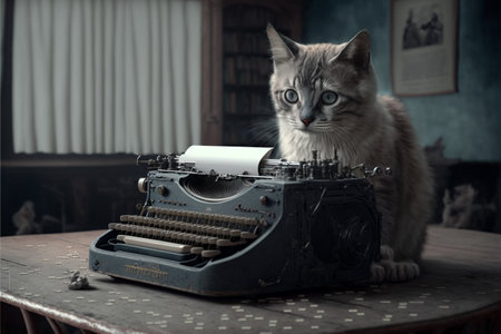 typewriter and cat on isolated background, front viewの素材