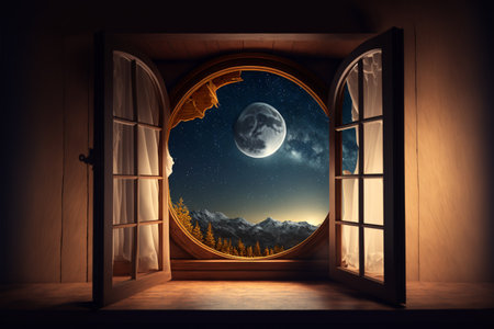 view from room with open window, night sky with moon and stars. front viewの素材