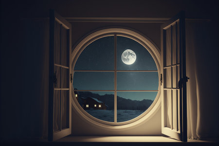 Window with a view of the mountains and the moon. 3d renderingの素材