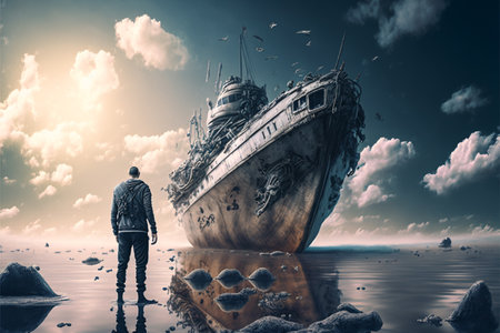 surreal scenery of the man on a boat in the outer space with clouds looking at derelict shipの素材