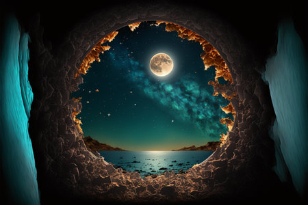 Fantasy landscape with a full moon in a cave. 3d illustrationの素材