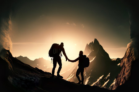 Couple of hikers reaching the top of a mountain and holding handsの素材