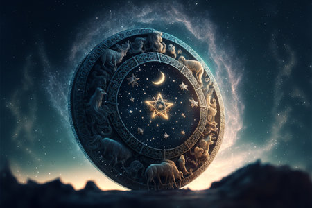 zodiac sign Zodiac circle on the background of the starry sky.の素材