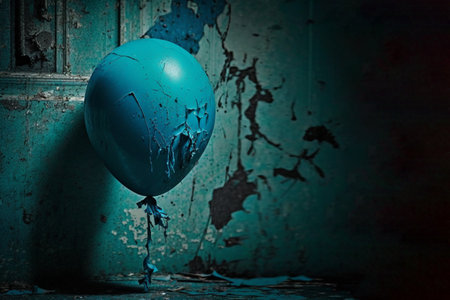 Blue balloon in grunge room, halloween and horror conceptの素材