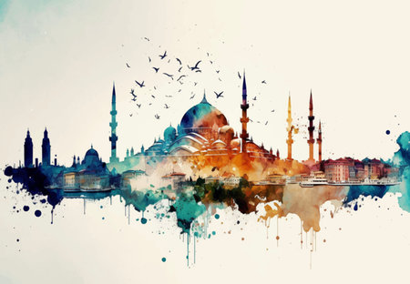 Silhouette of the Blue Mosque, Istanbul, Turkey. Watercolor painting.の素材