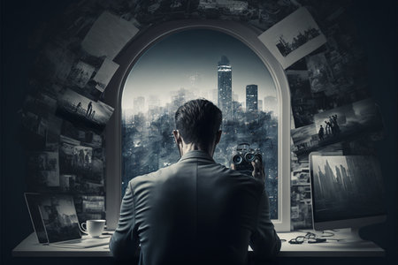 Businessman looking at the city from the window with binocularsの素材
