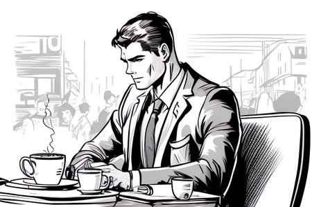 Businessman drinking coffee in a cafe. Pop art retro vector illustrationの素材
