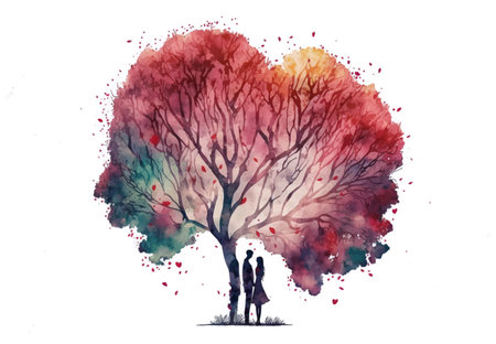 Watercolor illustration of a couple in love under a big tree.の素材