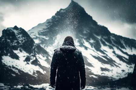 brave businessman an epic ivernal mountain, snow rain, tunes, adverse weatherの素材