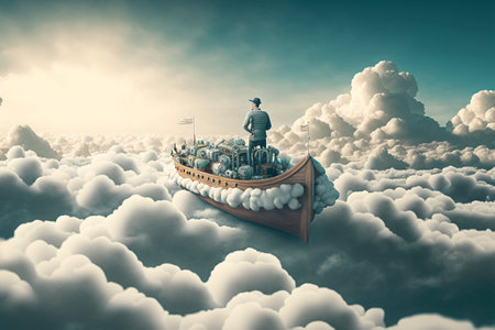 man in boat traveling on clouds, front viewの素材