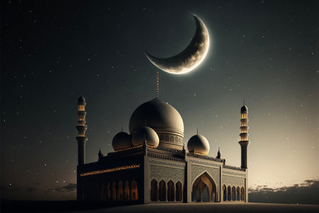 crescent shaped moon and mosque in front of night cloud and starry sky. ramadan, the holy month of muslimsの素材