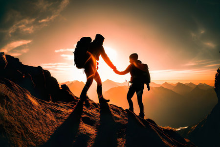 silhouette of mountaineer holding her friend's handの素材