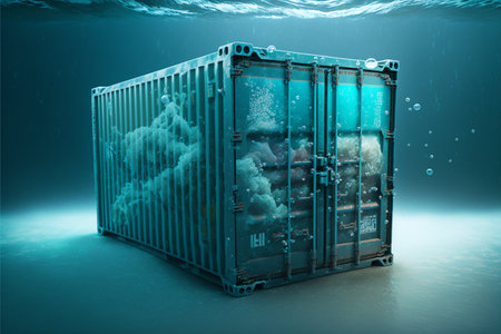 Shipping cargo container lost in the sea or ocean, front viewの素材