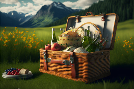 a picnic basket against the backdrop of the landscapeの素材