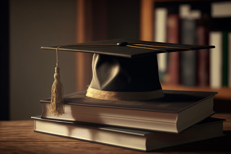 graduation cap on books, close upの素材