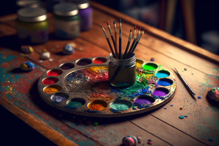 painting paints on wooden floor, close upの素材