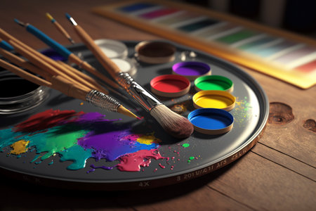 painting paints on wooden floor, close upの素材