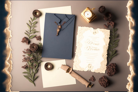 Wedding invitation card mockup with envelope, candles and flowersの素材