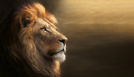 Portrait of a male lion on a dark background, 3D renderingの素材